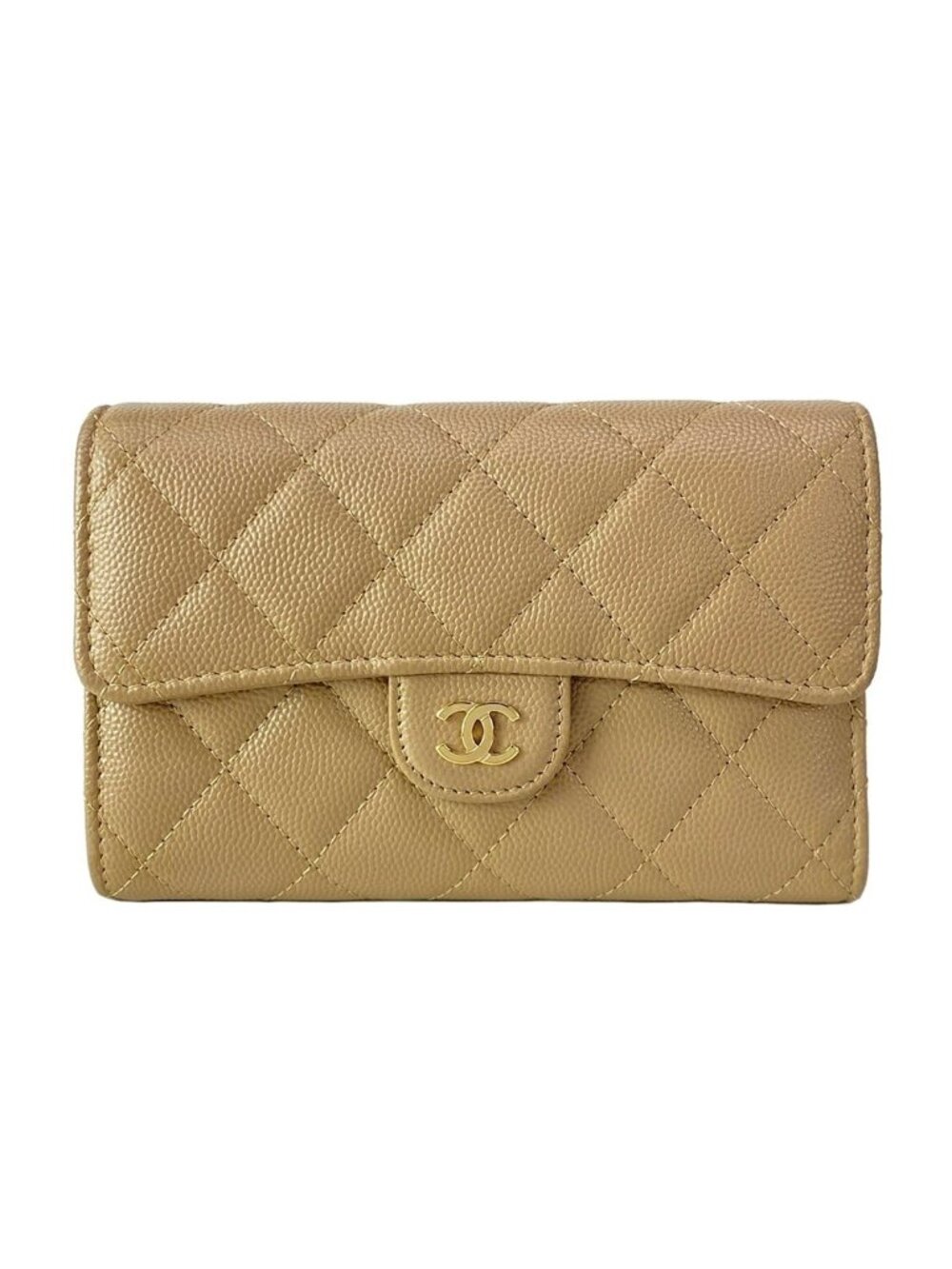 Chanel Trifold Wallet Quilted Beige Gold CC Logo